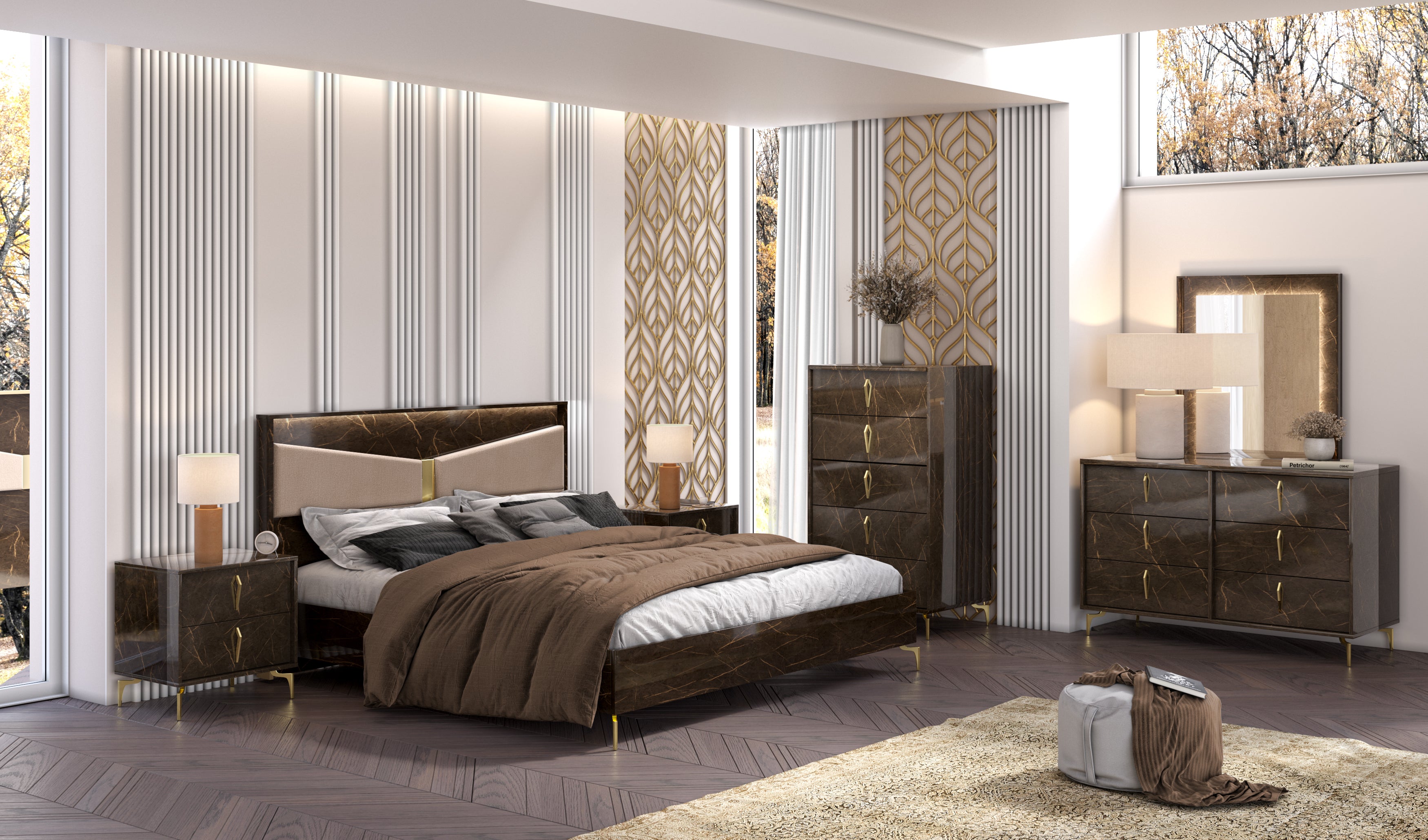 Merrick Glossy Brown Marble 5 Pcs. Queen Size Bedroom Set