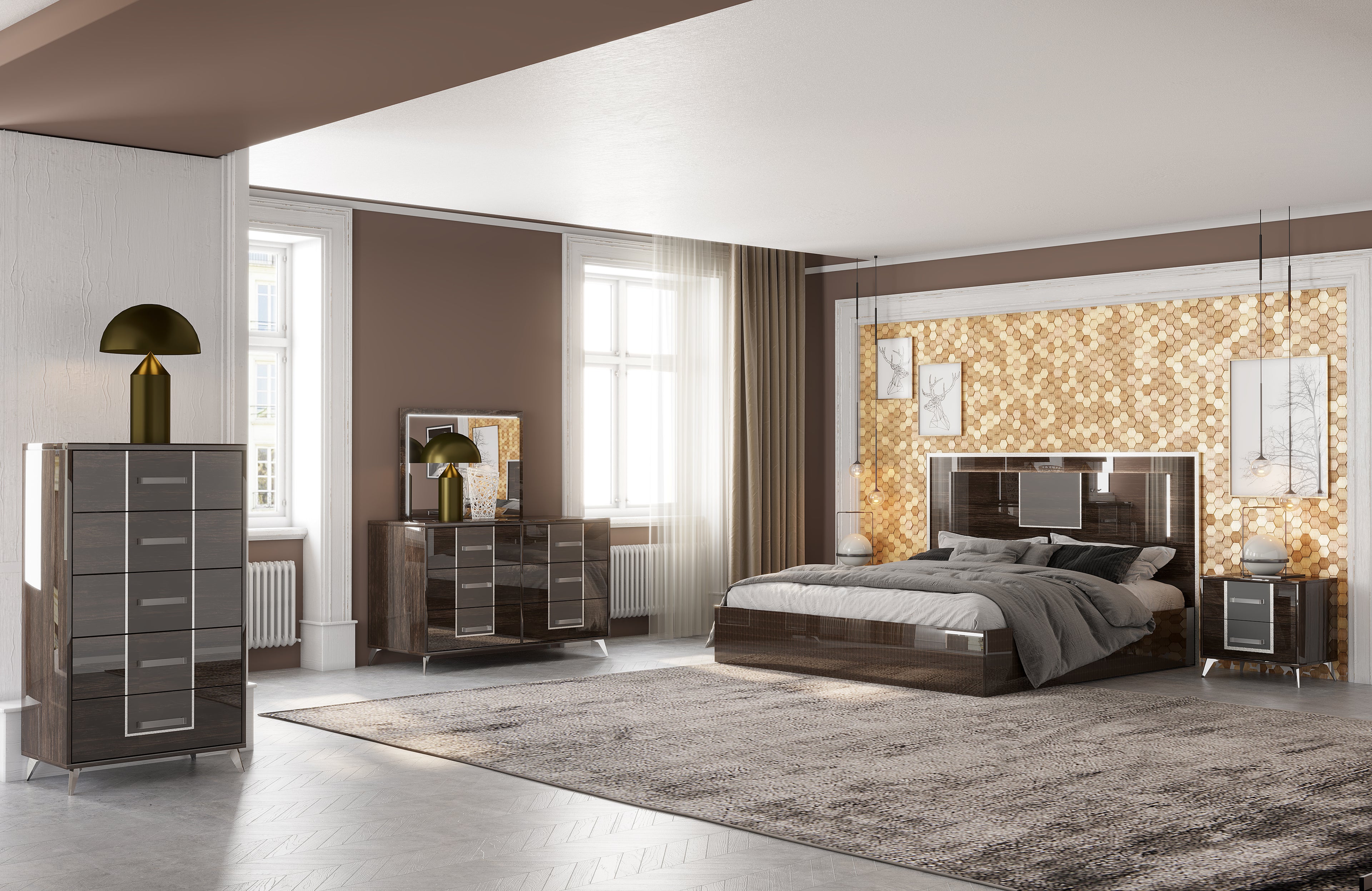 Amityville Glossy Brown 5 Pcs. Queen Size Bedroom Set