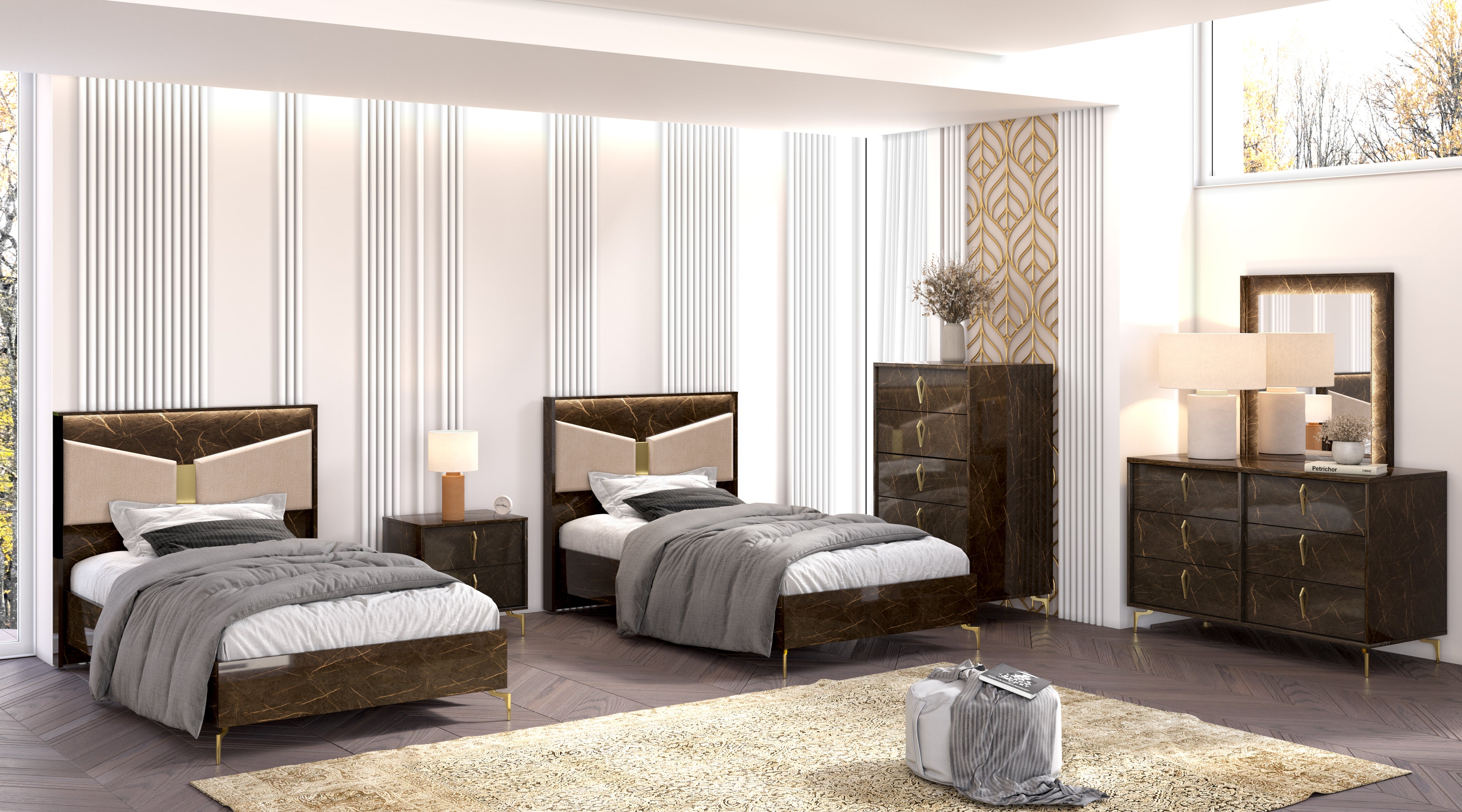 Merrick Glossy Brown Marble  48" Bed or Full Size Bed 5 Pcs. Bedroom Set