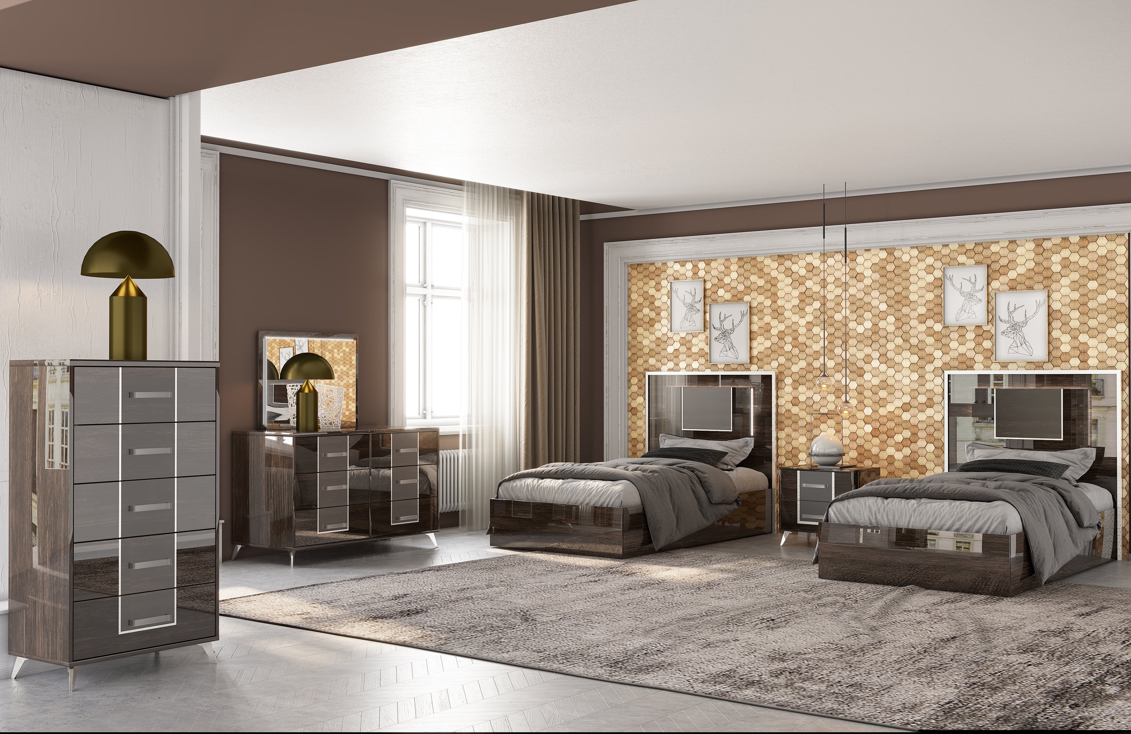 Amityville Glossy Brown 5 Pcs. Set with 48" or Full Size Bed Bedroom Set
