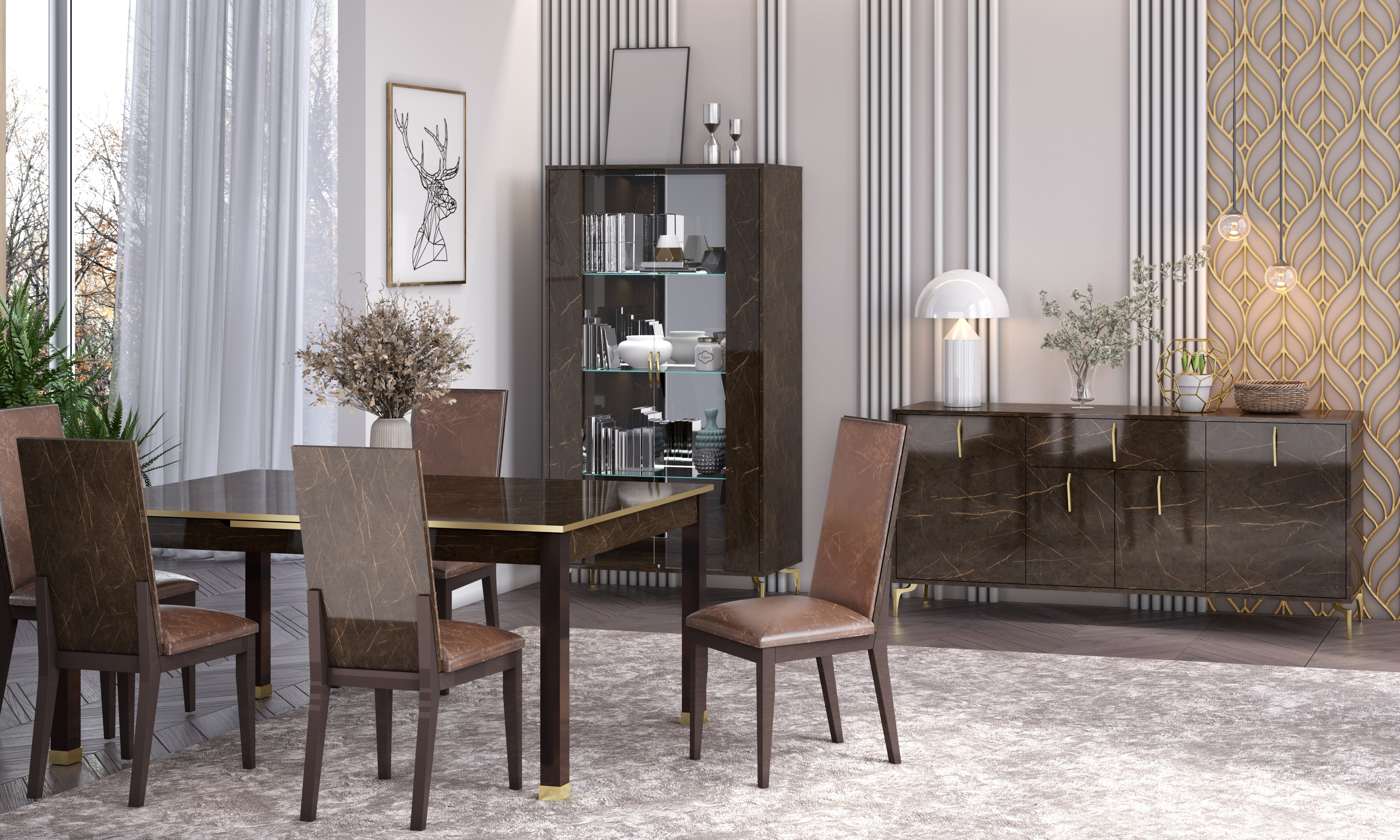 Merrick Glossy Brown Marble Dining Set