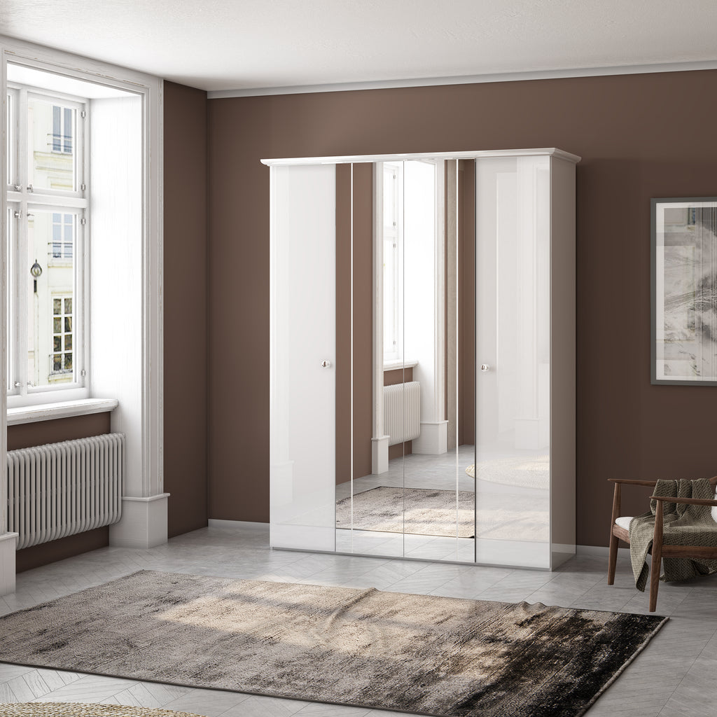 4 Door Wardrobe - White or Mahogany