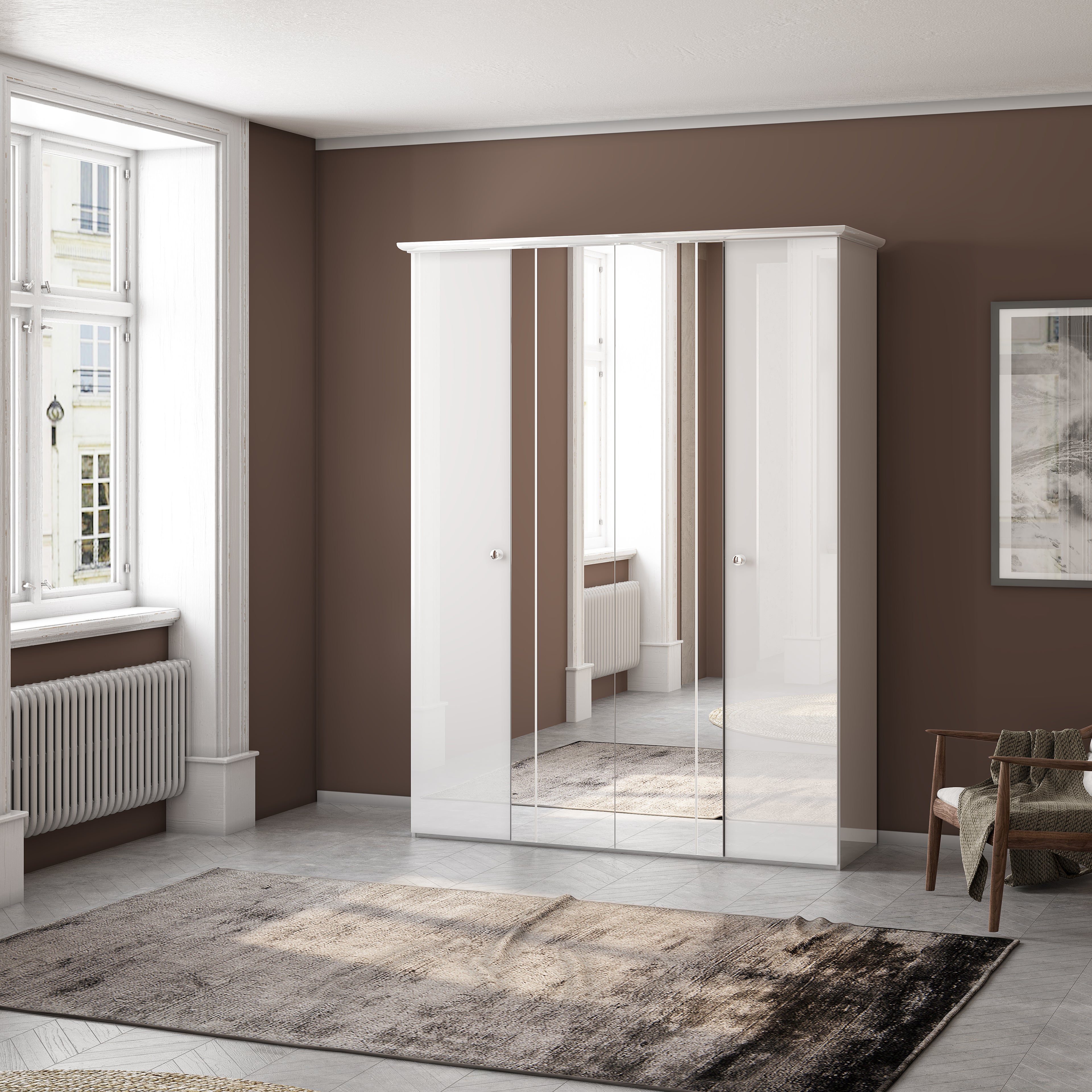 4 Door Wardrobe - White or Mahogany